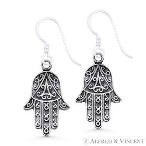Hamsa Hand Evil Eye Luck Charm Dangling Earrings in Oxidized 925 Sterling Silver